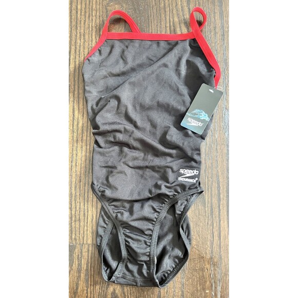 Speedo Women’s Endurance+ Fly back Solid One Piece Swimsuit Sz 26 Black Red NEW - Picture 1 of 6